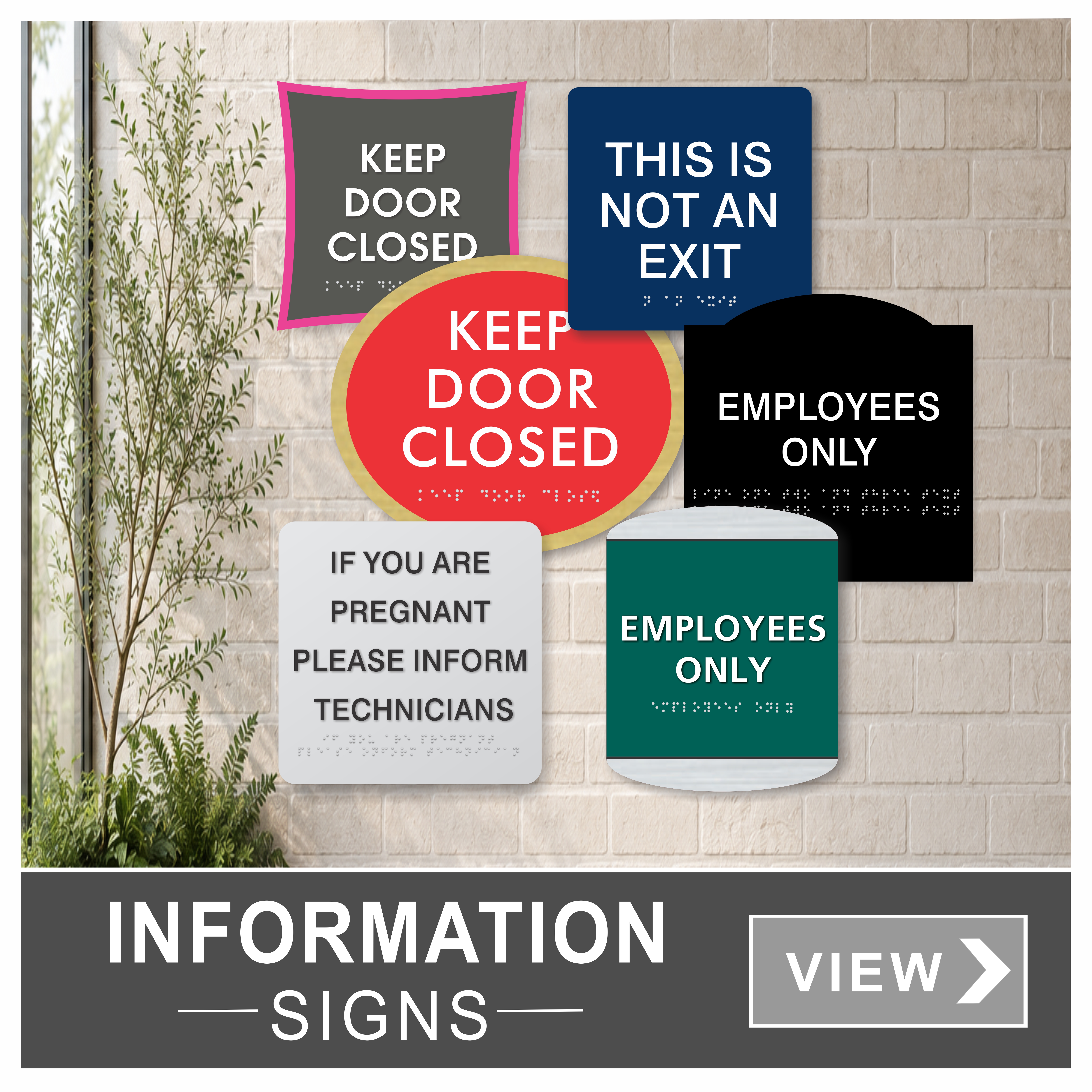 Interior architectural interior braille signs in multiple design themes.